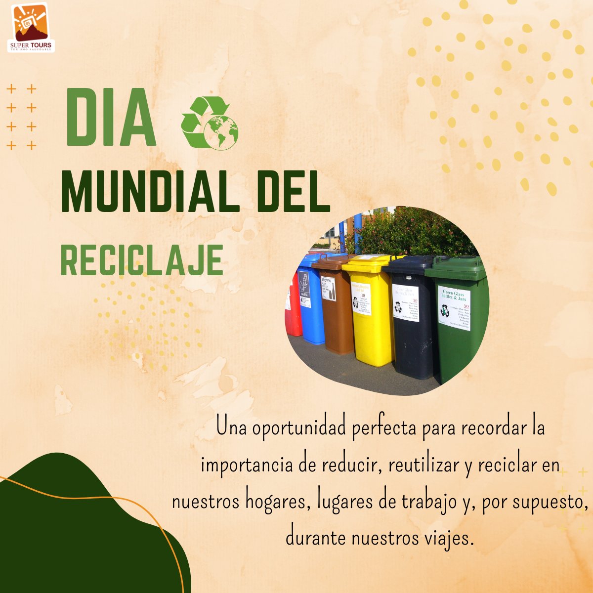 SuperToursPeru's tweet photo. ✨¡Celebremos el Día Mundial del Reciclaje con nuestra agencia de viajes! ✨
En Super Tours, estamos comprometidos con la protección del medio ambiente y queremos fomentar la conciencia ambiental en nuestra comunidad de viajeros.♻️
#Diamundialdelreciclaje #Concienciaambiental https://t.co/aKptQxfwzu