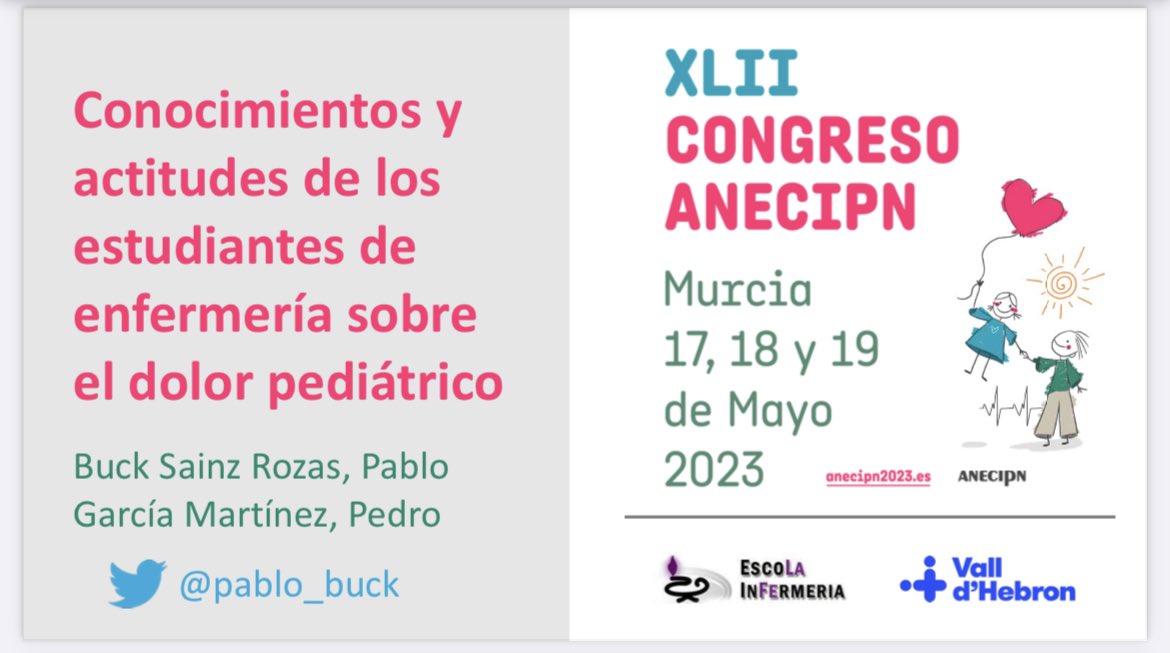 Primer día del XLII Congreso de la <a href="/AnecipnR/">ANECIPN</a> en #Murcia, con una comunicación breve: un estudio analítico utilizando la Escala PNKAS sobre conocimientos y actitudes ante el dolor pediátrico antes y después del 2o curso de grado de #Enfermería. <a href="/vallhebron/">Vall d'Hebron</a> #VHResidents