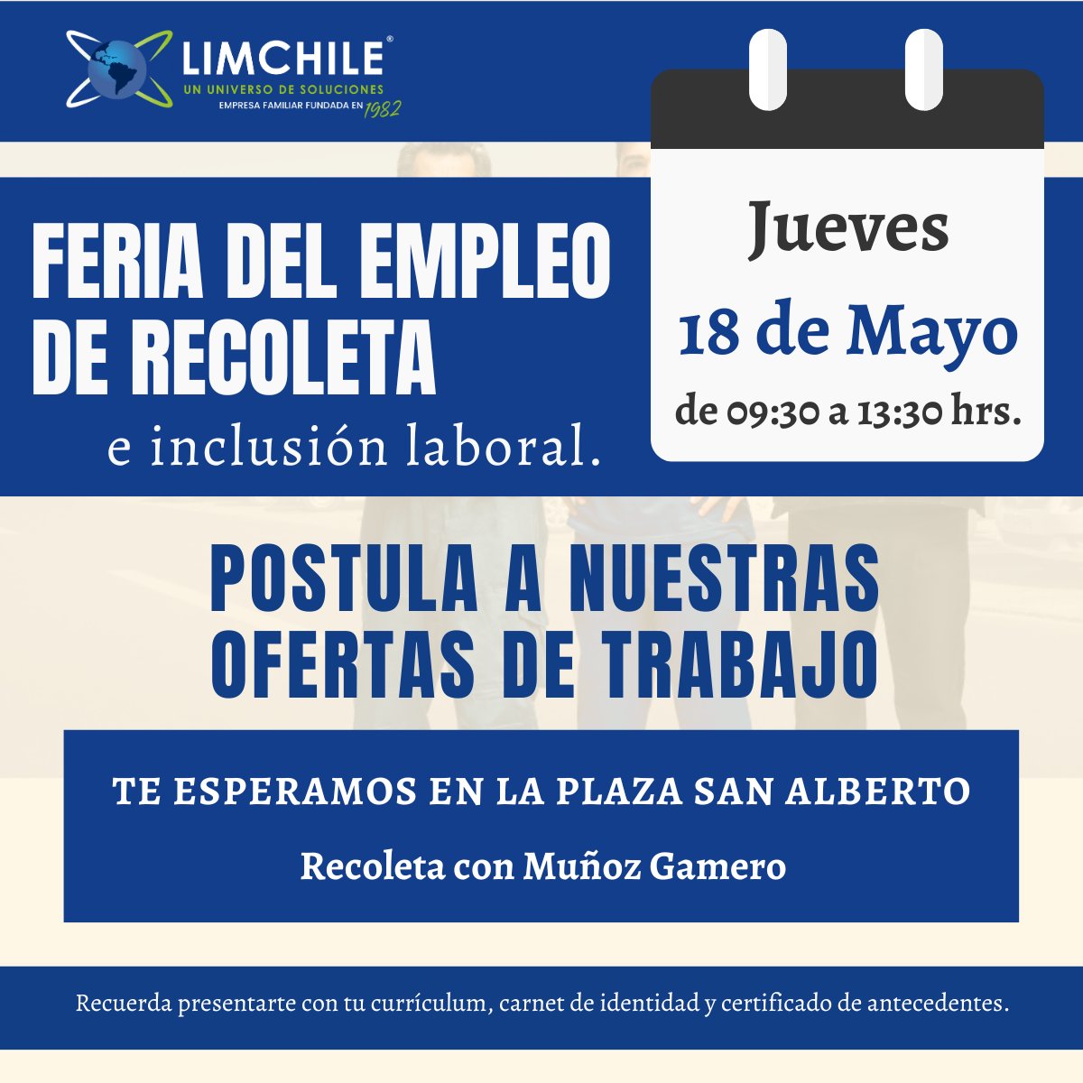 LimChile's tweet photo. Estaremos en la Feria del Empleo e Inclusión de Recoleta👇

👉Día: Jueves 18 de mayo.
👉Hora: de 09:30 a 13:30 horas.
👉Ubicación: Plaza San Alberto, en Recoleta con Muñoz Gamero.

#OfertaLaboral #Limchile #HayTrabajo #Recoleta https://t.co/zSYF9qCvEe