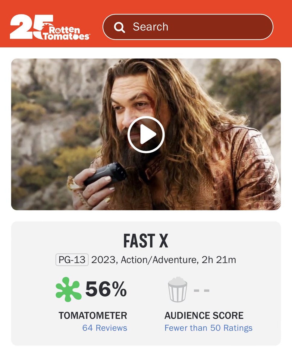 ‘FAST X’ debuts with 56% on Rotten Tomatoes from 64 reviews.

Read our review: bit.ly/FastXDF