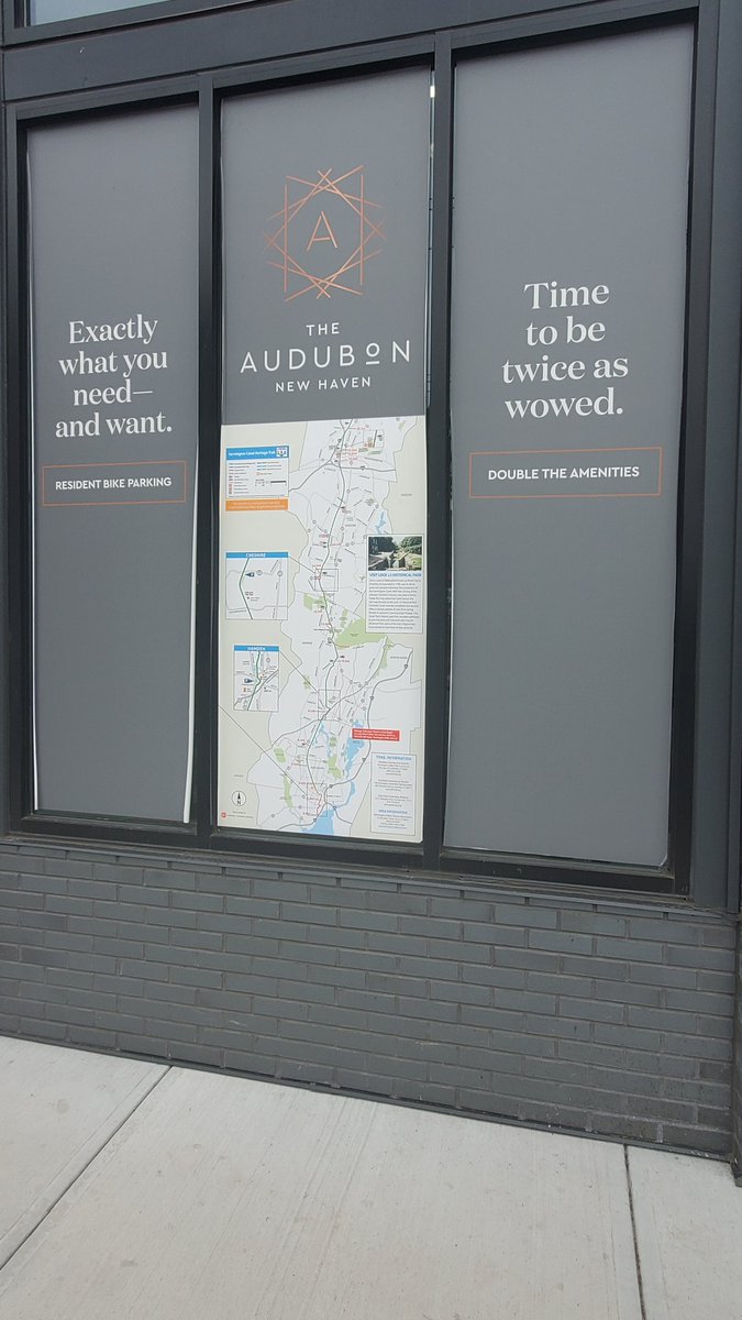 DFANewHaven's tweet photo. Love to see Farmington Canal trail maps blown up and displayed prominently at The Audubon on Grove St where there is access to a bike parking garage and across the street from where the trail entrance will be when Phase IV construction is completed. #TOD #TrailOrientedDevelopment https://t.co/IwEhWm82TG