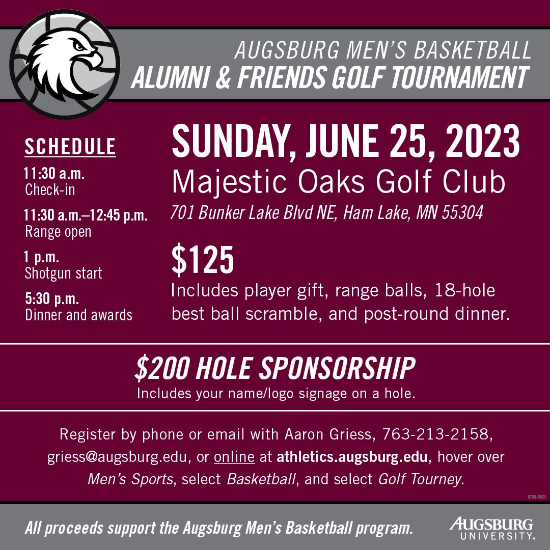 AugsburgMensBB's tweet photo. It’s time to register your foursome for this years Alumni and Friends Golf Tournament!
Use the link below to register - 
 https://t.co/6sapXn3rrd https://t.co/yscyicE8Wi