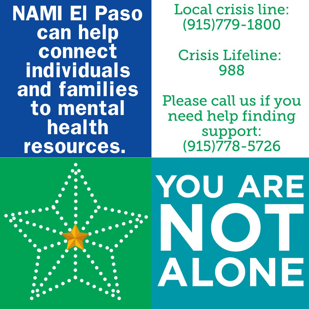 NAMI El Paso is aware of the active mental health crisis happening in Downtown El Paso. We hope for a safe resolution for all parties involved. We want to remind our community that if you or someone you know may be experiencing a mental health crisis to call 988.