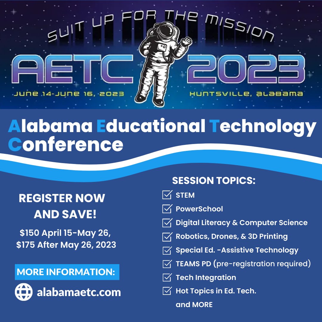 It's not too late to register! We have wonderful sessions planned! Register at alabamaetc.com
#AETC2023 #alsdeedtech #TechnologyConference