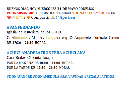 MIÉRCOLES 24 DE MAYO PUEDE #DONARSANGRE Y REGISTRARSE COMO #DONANTEDEMÉDULA
@ApoLeu EN ❤️💉💪〽️🌡🧡 RT🙏

#CHICLANADELAFRONTERA #CHICLANA
@ayto_chiclana @deportechiclana @chiclana @chiclanafm @8chiclana

#DONASANGRE #DONAMÉDULA #SALVAVIDAS #REGALALATIDOS