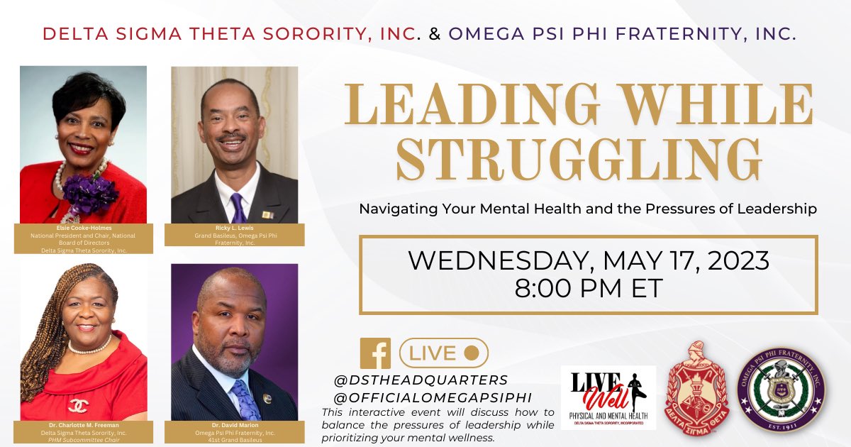 Join Delta Sigma Theta Sorority, Inc. + Omega Psi Phi Fraternity, Inc. for a Wellness Wednesday you don’t want to miss! May is Mental Health Month, so tune in! The webinar will go live on our YouTube channel and Facebook page. #DST1913 #ForwardWithFortitude #LiveWellxDST