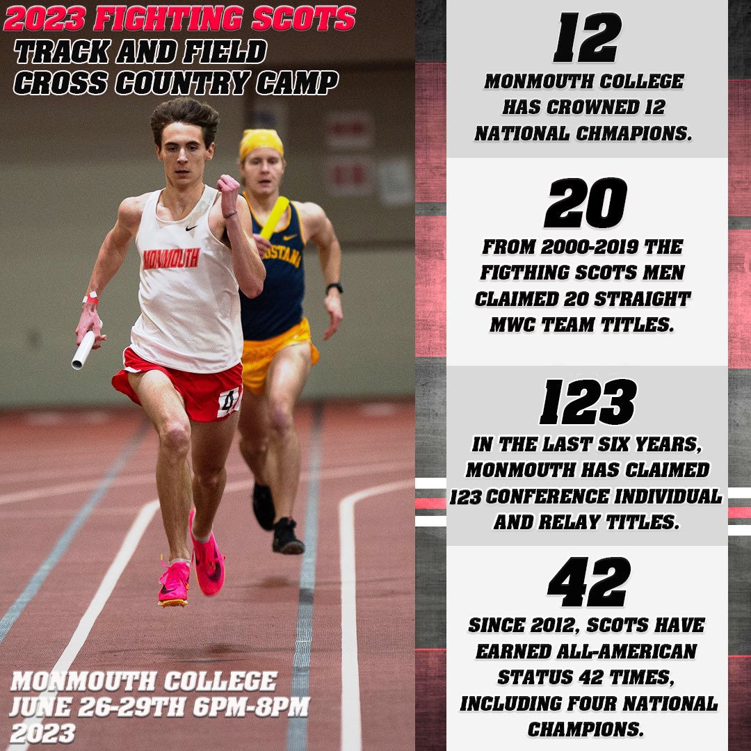 Train with the best at Monmouth College! The Fighting Scots Track and Field, Cross Country Camp is for boys and girls entering grades 7-12. The camp will be held June 26th- 29th, 6pm-8pm. We hope to see you then! Visit this link to sign up for camp: form.123formbuilder.com/5238101/track-…