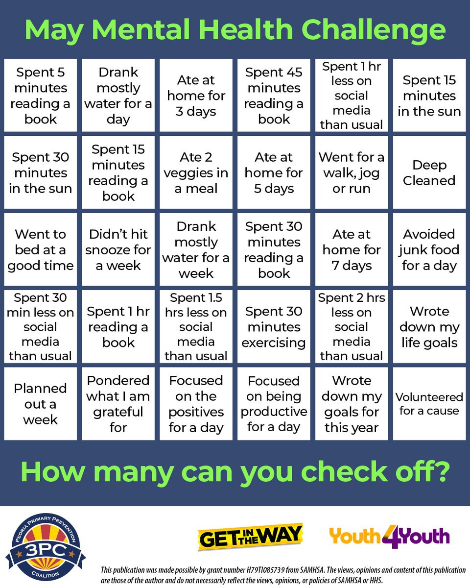 May Mental Health Challenge! How many can you check off this month?

#MentalHealth #Anxiety #Depression #Resilience #ACEs #Trauma #Emotions #Opioids #3PCoalition #PeoriaAZ #Arizona #Parents #Youth #Teens #Blues #M30s #Fent #Narcan #ReverseAnOverdose #Help #Addiction #GetintheWay