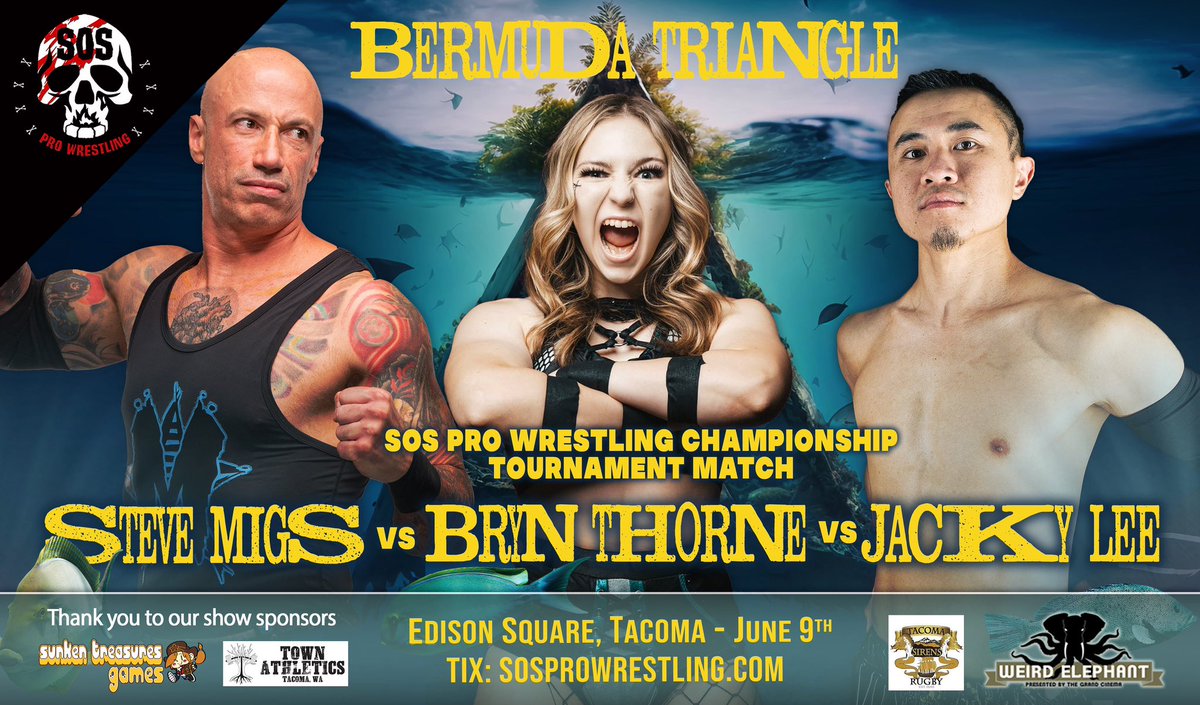 sosprowrestling's tweet photo. The first of 3 Triple Threats in the SOS Pro Wrestling Championship tourney:

Formers SOS Champ Steve Migs vs former SOS Tag Champ Jacky Lee vs the returning “Belle of the Brawl” Bryn Thorne

Winner goes on to the main event of July 14th show!

June 9th 🎟️ https://t.co/8xvrzdXf2m https://t.co/0FLDqimgof