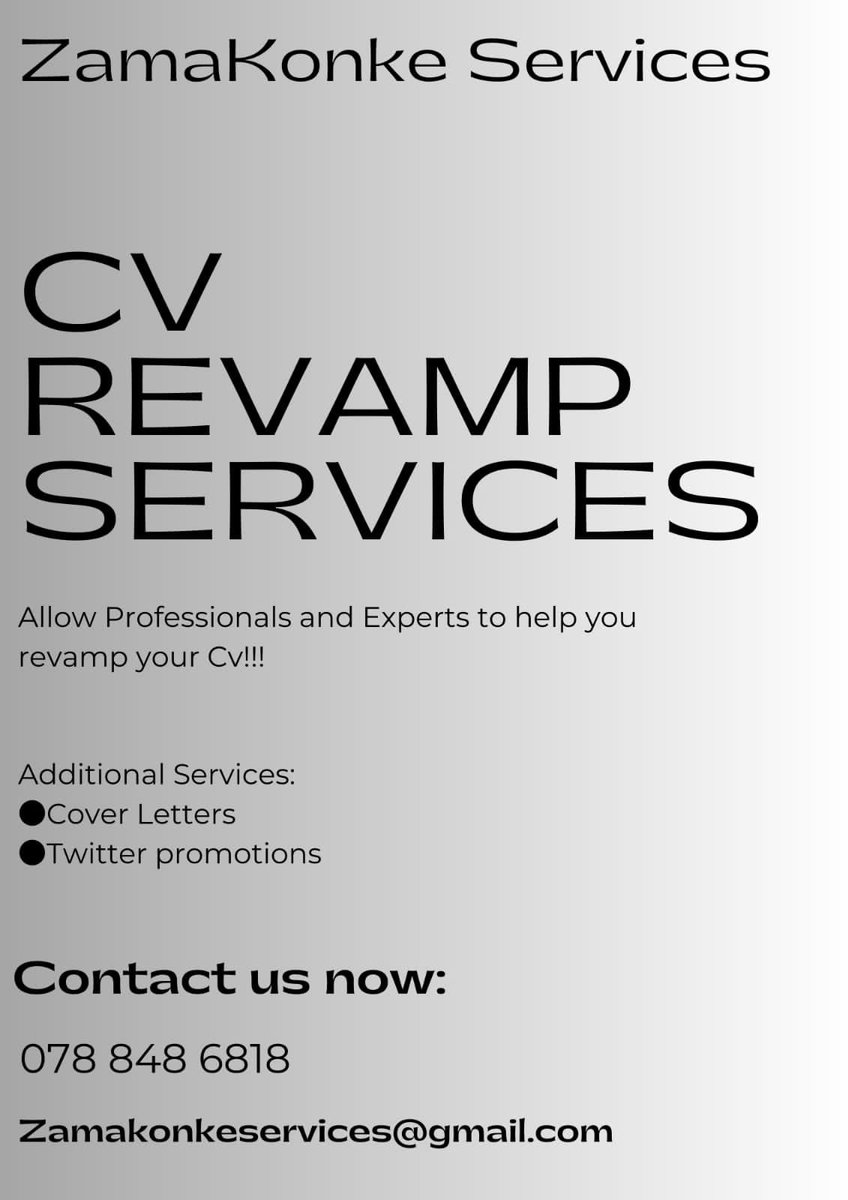 ZamakonkeK's tweet photo. Allow Experts to Revamp your cv to Increase your chances of getting Hired!

Cover letter costs R50📝❤ 
CV (Prices From R80)📝❤

Whatsapp link:📲(https://t.co/VoTRcKRbyy) or 078 848 6818 

[TESTIMONIES, VIEW THE THREAD] https://t.co/w2AH8lDcgs
