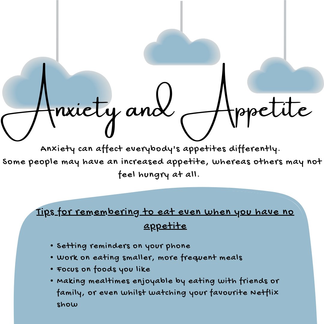 Dietitians_MHG's tweet photo. Have you ever wondered how anxiety is related to eating? Today’s second post for #MHAwarenessWeek discusses this association. Swipe through to see anxiety can affect appetite, conditions that may occur with anxiety, and how the food we eat affects our mood. https://t.co/cS91nqMK2k