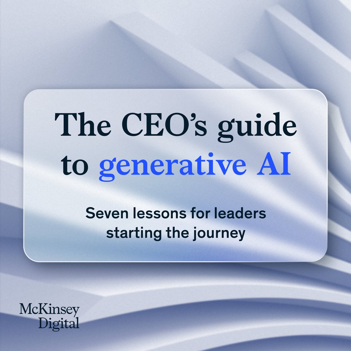 McKinsey's tweet image. It took under 6 months for generative AI to change the world - but what does the future hold? And what do #CEOs need to know about this technology? Our guide has the answers.

Explore it here: mck.co/42JRucI

#McKinseyDigital #ArtificialIntelligence #ChatGPT