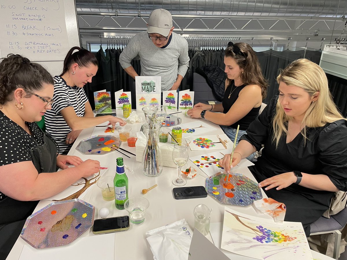 homelessmade's tweet photo. Delighted to be at @immediate_media for a “Tree of Hope” art class for #MentalHealthAwareness week. The art is as unique as the individuals, the rainbow colours a sign of hope. What a privilege. https://t.co/J0qfEfiTXy