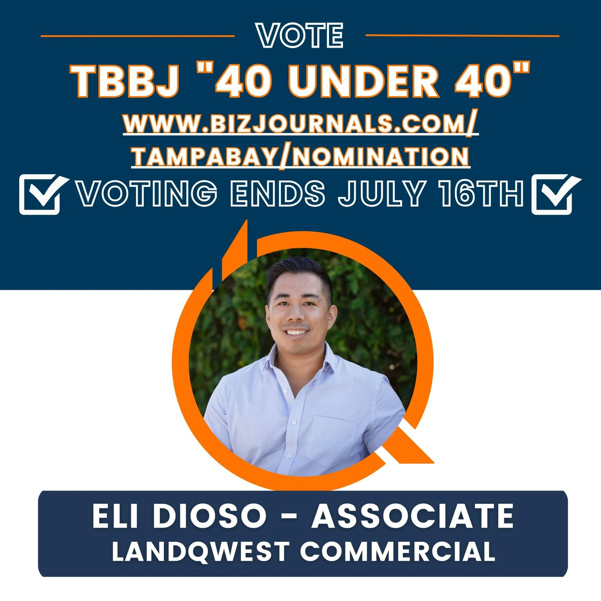 📢#Tampa #CREFam Assemble! 🛡️ 

Support our #Tampa Associate, Eli Dioso, for the #TBBJ 40 under 40 Award! 

In only 4 years, Eli’s #retail and #restaurant #tenantrep expertise spread across the #CRE scene. :muscle: 

Click this link to vote!:  buff.ly/3MqkGzK.