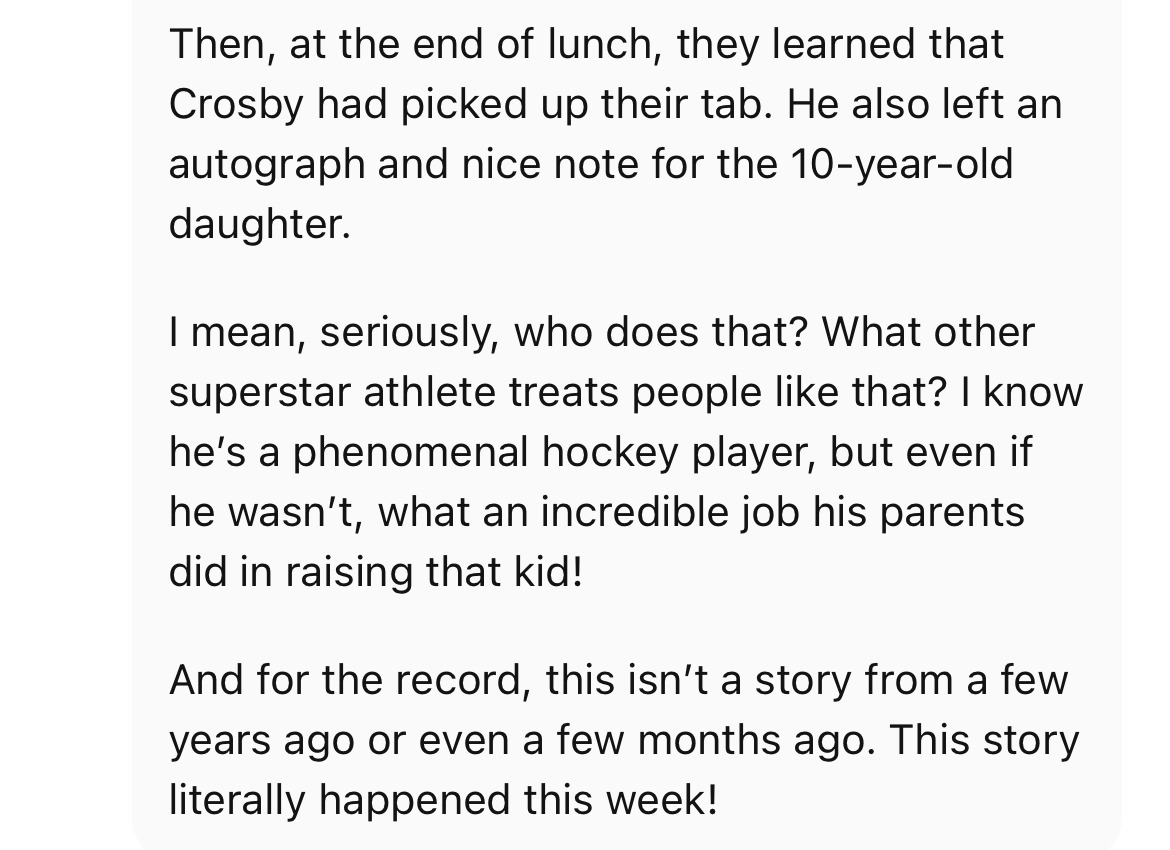 Sidney Crosby was vacationing in the Bahamas where he met some fans. He ended up paying for their meals 🥺