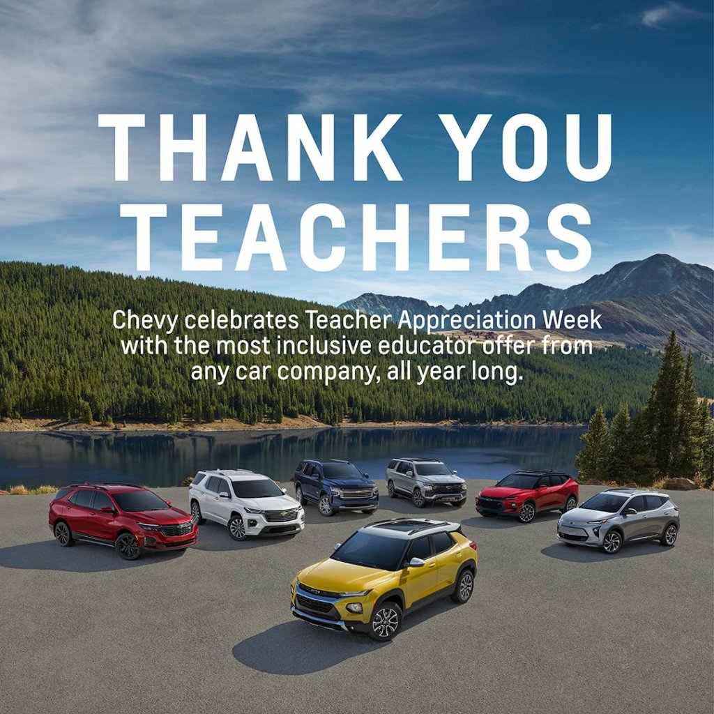 countrychev's tweet photo. Chevy is proud to celebrate Teacher Appreciation Week. #ThankYou https://t.co/OLc6V7OjCa https://t.co/K36bigNprN