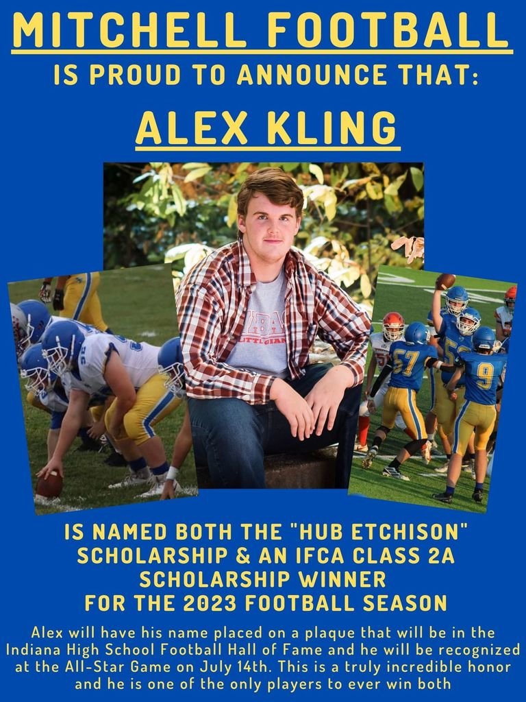 Congratulations to Alex Kling!! Alex has been selected for the Hub Etchison and IFCA Class 2A Scholarships! He is the only player to ever win both and will be recognized at the All-Star Game on July 14th!!

Check out the image below for more information on these achievements!!