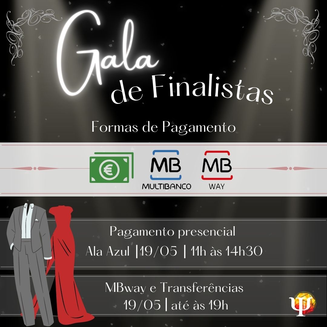 nepiscte's tweet photo. A Gala de Finalistas será uma noite repleta de nostalgia!

Podes realizar o teu pagamento presencialmente no dia 19/04, das 11h às 14h30, na Ala Azul. Se preferires realizá-lo por mbway ou transferência bancária, envia-nos uma mensagem privada no nosso Instagram. https://t.co/JBZyLJF1Zt