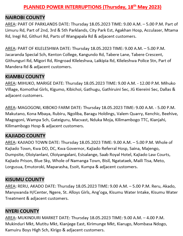 KenyaPower_Care's tweet photo. Hello, these areas will be affected by scheduled power interruptions tomorrow: ^BT https://t.co/VZPegAd548