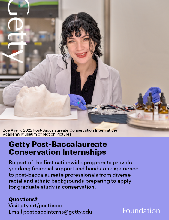 GettyFoundation's tweet photo. Hey #AICmtg23 attendees! Get your #PostBacc Conservation Internship questions answered by Ton Wilmering, a Getty Foundation Senior Program Officer, at the Getty booth Thursday and Friday from 3:30-4:30pm.
https://t.co/3q6dt3nPZV https://t.co/XmqNpVy9uH
