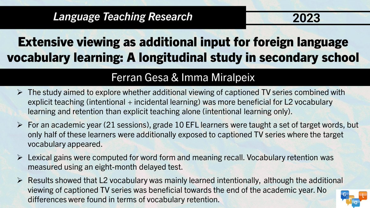 GRAL Research Group (@gral_bcn) on Twitter photo Congratulations to <a href="/ferran_gesa/">Ferran Gesa</a> and Imma Miralpeix on their recent article about a longitudinal study on extensive video viewing for foreign #language #vocabulary #learning !
🔗Article: journals.sagepub.com/doi/10.1177/13…
🔗OASIS summary available at: oasis-database.org/concern/summar… Congratulations to <a href="/ferran_gesa/">Ferran Gesa</a> and Imma Miralpeix on their recent article about a longitudinal study on extensive video viewing for foreign #language #vocabulary #learning !
🔗Article: journals.sagepub.com/doi/10.1177/13…
🔗OASIS summary available at: oasis-database.org/concern/summar…