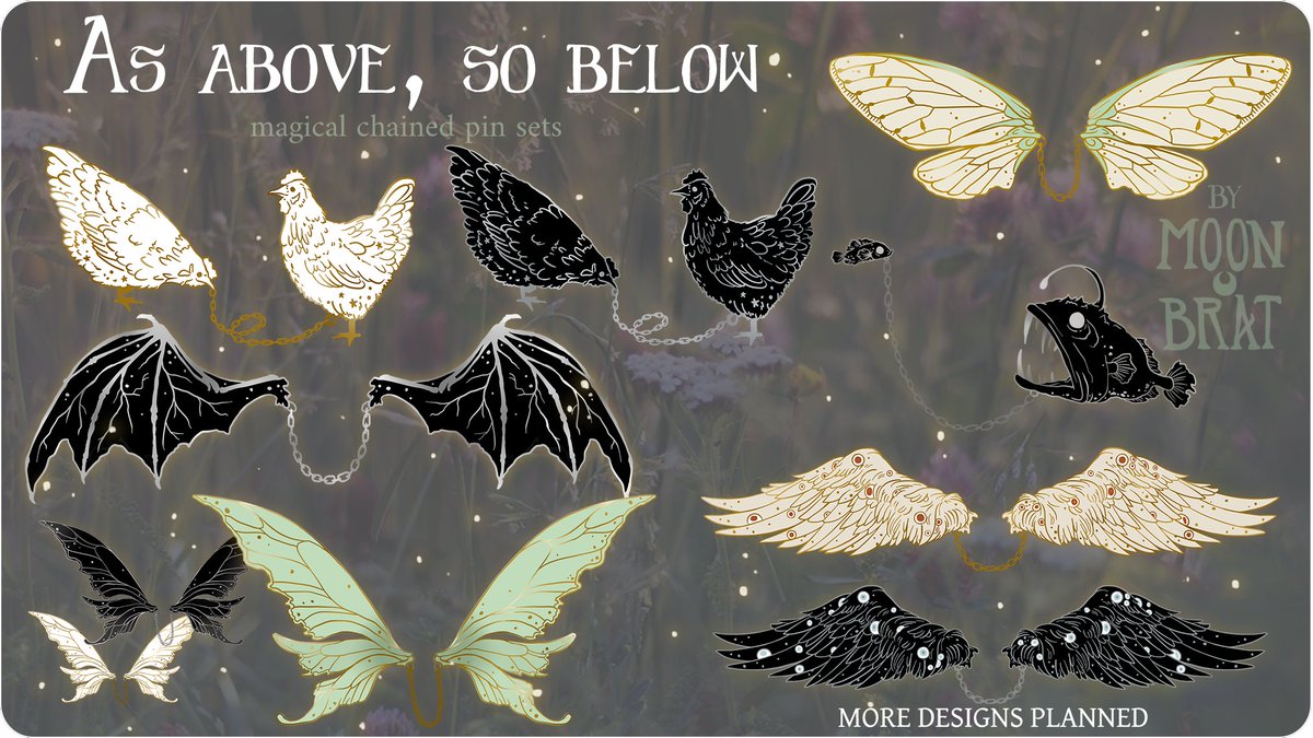 New Kickstarter! Natural and gothic chained enamel pins! Put them on your magical cloak or hey, just a cozy shirt collar! 🦇Bat wings, biblically accurate angel wings, chickens, deep sea fish, cicada wings, fairy wings... and more soon!
kck.st/42nsKXB