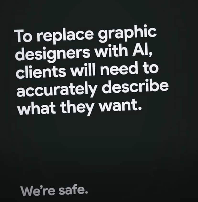 jaykaslo's tweet photo. Do not fret, fellow designers. 🤓 

#ai #aimemes #artificialintelligence #graphicdesign #graphicdesigner #graphicdesigners https://t.co/qUSB8zMZ1H