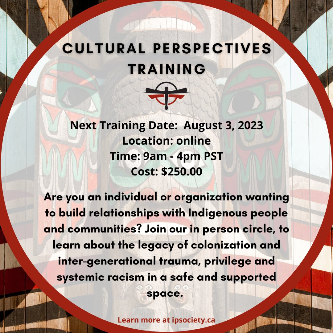 REGISTER HERE: ipsociety.ca/training/cultu…

IPS offers Cultural Perspectives Training to help governments, organizations, and individuals deepen their understanding and develop actionable ideas to respond to the Truth and Reconciliation Commission of Canada’s Calls to Action. #yyj