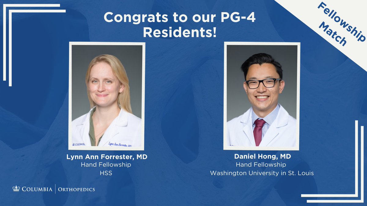 Columbia Orthopedics (@orthocolumbia) on Twitter photo Happy Orthopedic #HandSurgery Fellowship Match Day! We're so proud of <a href="/DanielYHongMD/">Daniel Y Hong, MD</a> & <a href="/LAForresterMD/">Lynn Ann Forrester</a> for their fantastic placements at @WUSTLortho & <a href="/HSpecialSurgery/">Hospital for Special Surgery (HSS)</a> respectively Happy Orthopedic #HandSurgery Fellowship Match Day! We're so proud of <a href="/DanielYHongMD/">Daniel Y Hong, MD</a> & <a href="/LAForresterMD/">Lynn Ann Forrester</a> for their fantastic placements at @WUSTLortho & <a href="/HSpecialSurgery/">Hospital for Special Surgery (HSS)</a> respectively