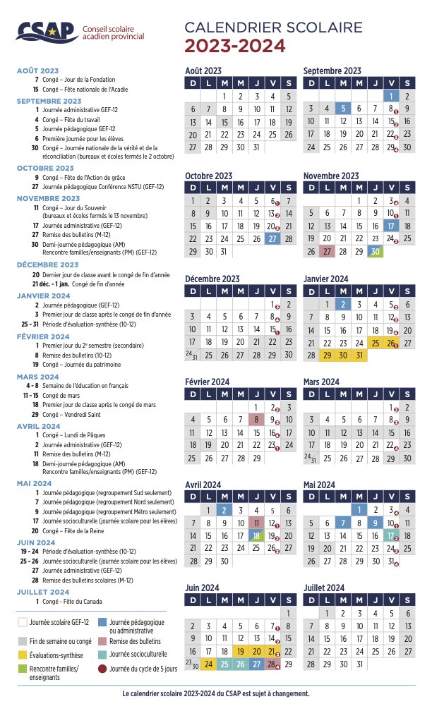 Le calendrier scolaire 2023-2024 est maintenant disponible! La première journée d'école pour les élèves sera le 6 septembre 2023.