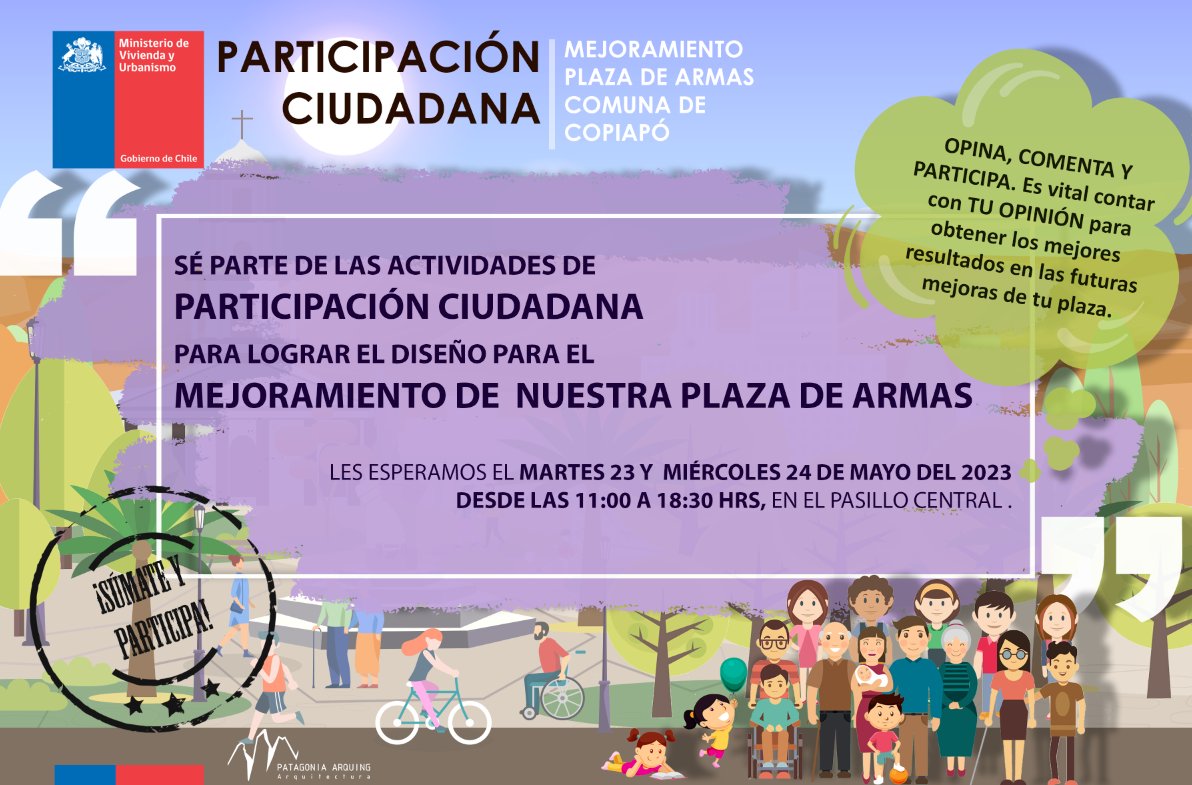 serviuatacama's tweet photo. 📢 ¡¡¡Tu opinión es muy importante!!! No te pierdas la Participación Ciudadana de nuestro proyecto de mejoramiento de la Plaza de Armas de #Copiapó  @minvuchile @minvuatacama @serviuatacama !!!  Participa activamente, comenta esta importante iniciativa y ¡ayúdanos a difundir! 📢 https://t.co/lGwyE8DfTe