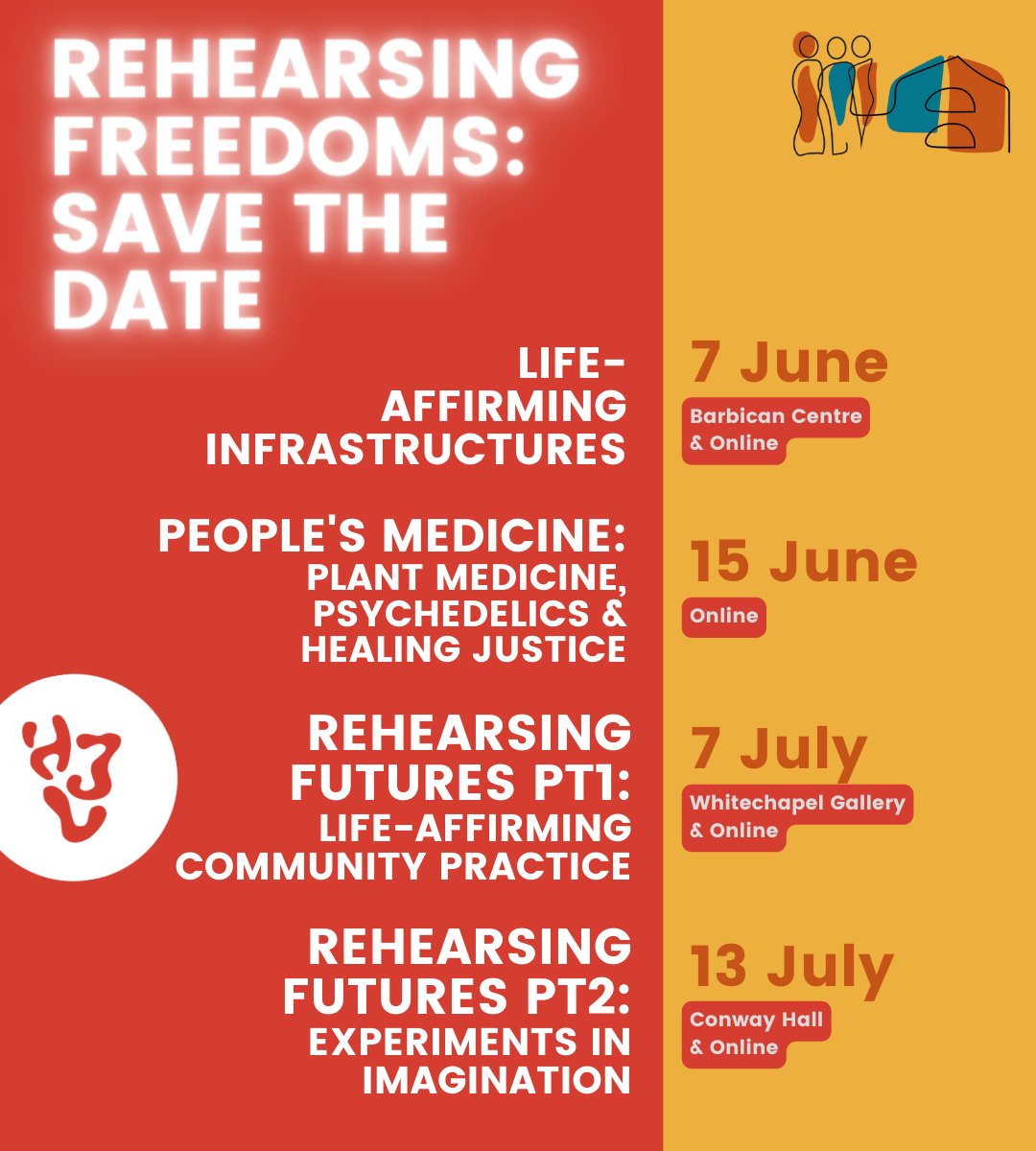 NEW REHEARSING FREEDOMS EVENTS!! ✨✨

We’re so excited to announce 4 new events to build towards #RehearsingFreedoms, our month-long festival of art, community healing and movement building Autumn '23!

Save the dates and join us! Look out for ticketing info & speakers v soon 💖