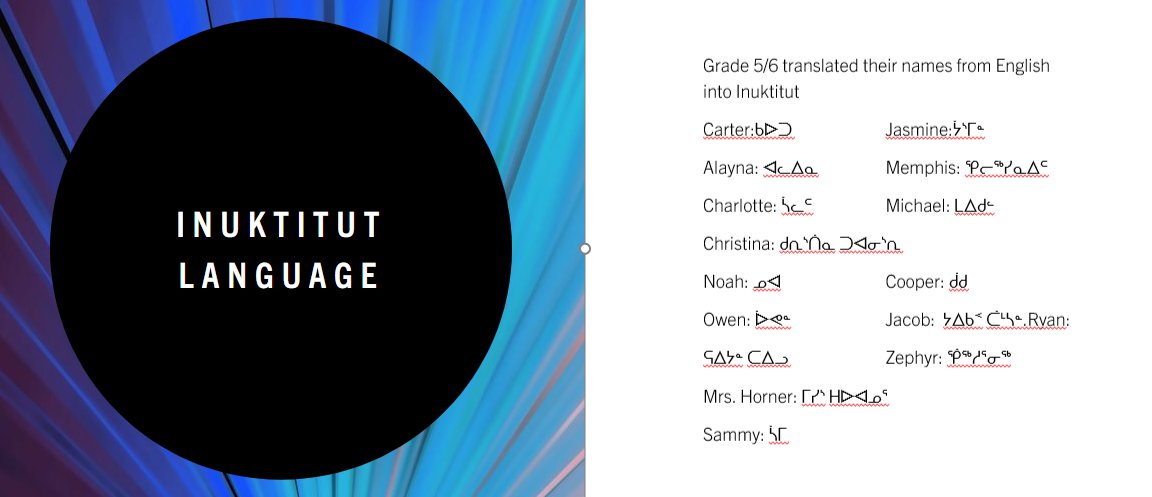 Mrs. Horner's VLS Gr. 5/6 students translated their names into Inuktitut as part of the #CDSBEOIndigenous "Growing CHANGE" learning, growing, &amp; reflecting today.  #IBelongHereCDSBEO #CDSBEOLearning <a href="/jamesonlee_/">Jameson Lee</a> <a href="/English_Cath/">Catherine English</a>