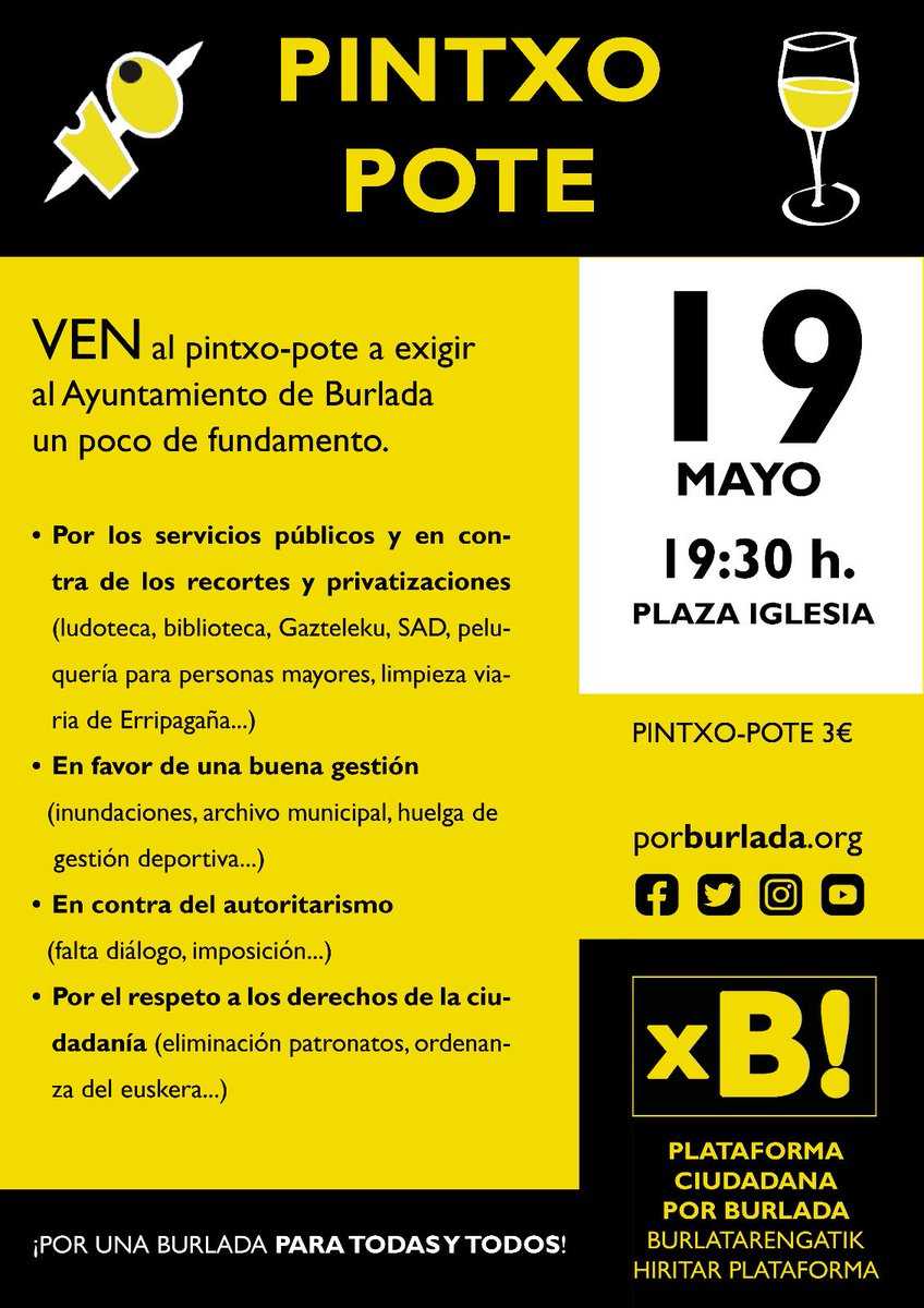 PorBurlada's tweet photo. Este viernes tenemos #PintxoPote en #Burlada. Vamos a exigir (con la tripa lllena) al Ayuntamiento un poco de fundamento. Nos vemos en la plaza de la Iglesia a las 19:30

#BurladaParaTodxs https://t.co/0xndWztltU
