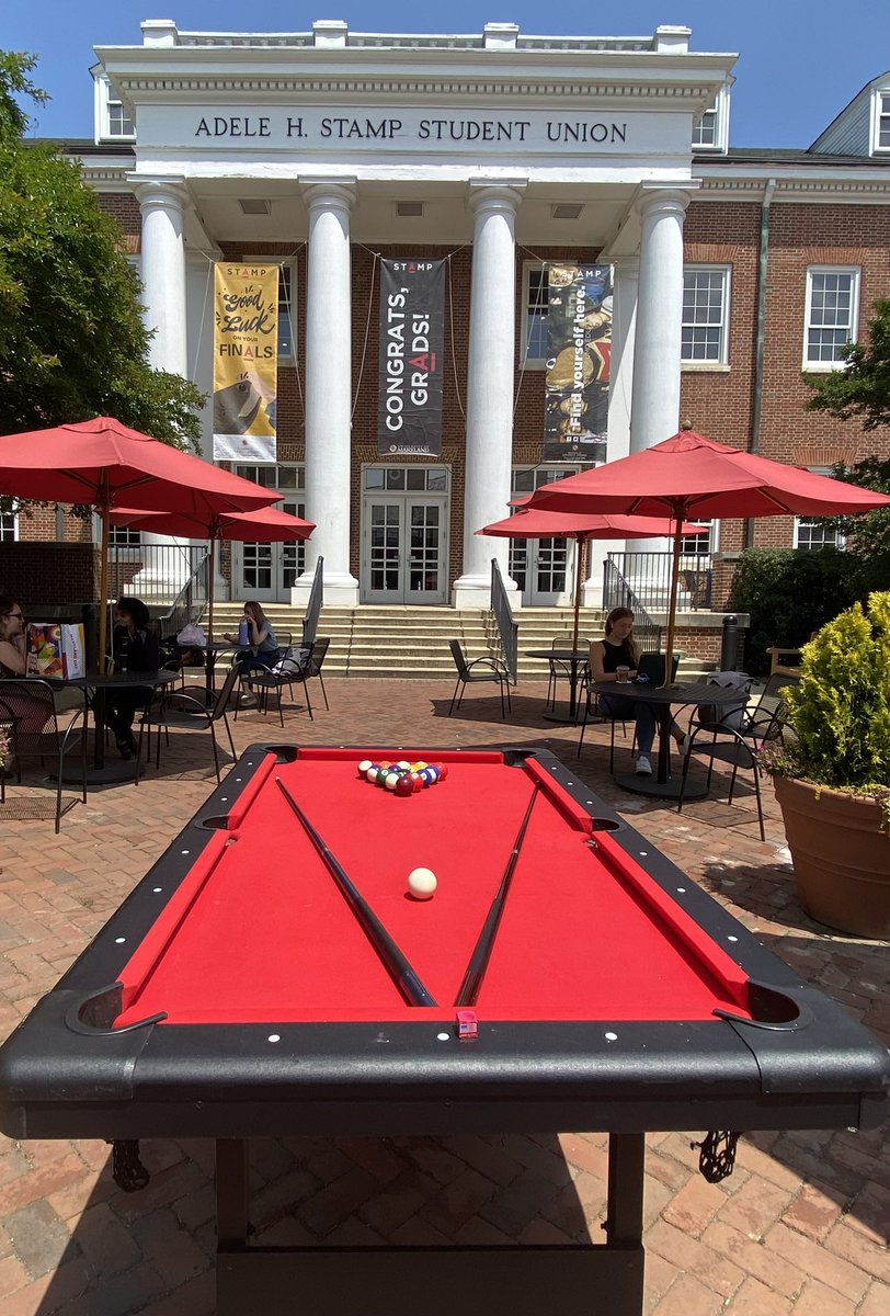 thestampumd's tweet photo. Finished with finals (or just need a break?) Come play a little pool while enjoying this amazing weather on the STAMP patio! #STAMPStudyZone
☀️🎱🐢 https://t.co/Znnpvp8QwM