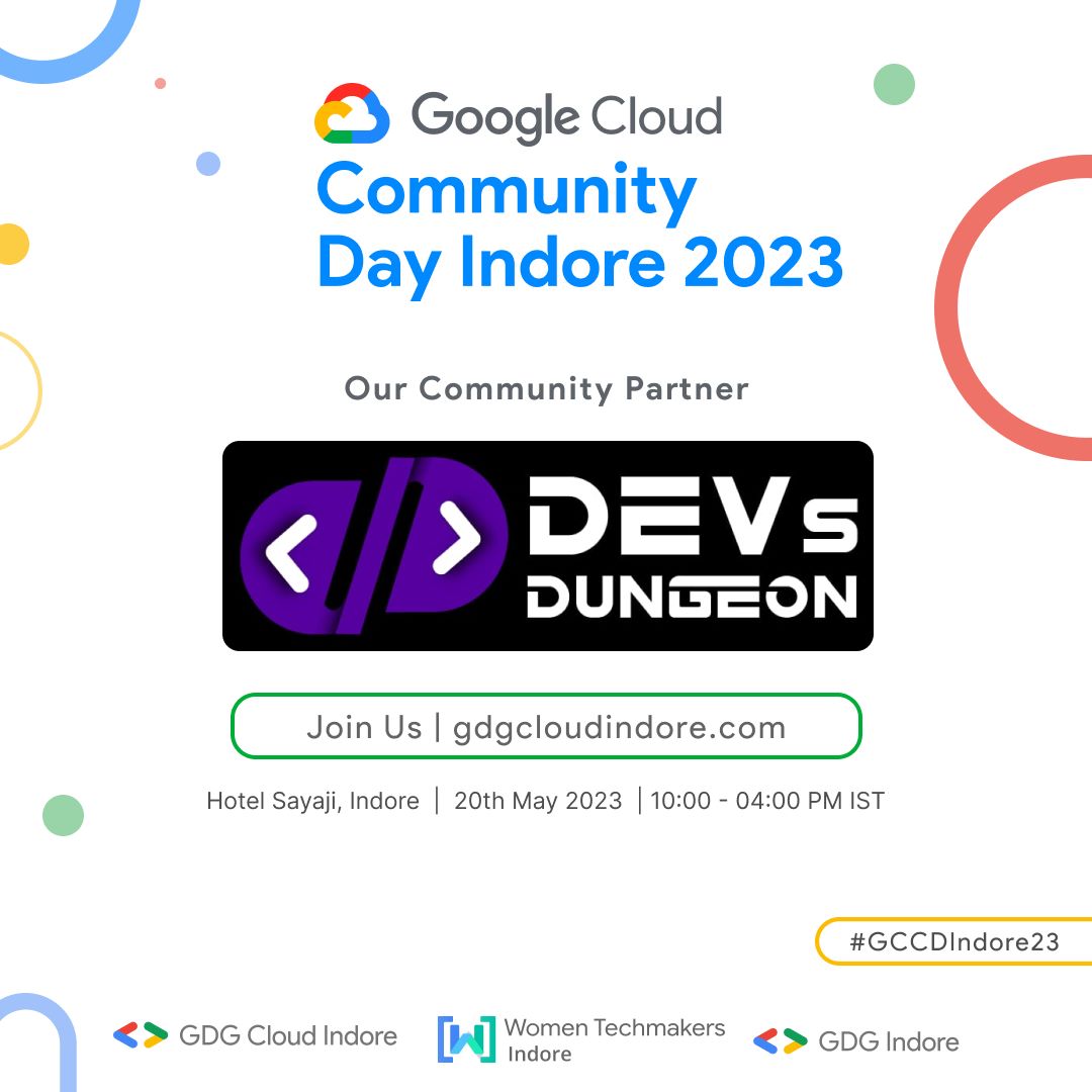 We are thrilled to reveal our incredible community partner 🌟Dev's Dungeon 🌟for #GCCDIndore'23 🎉
 Brace yourself for an extraordinary collaboration filled with 🔥 innovation, 🌈 creativity, and 🎯 technicalities.