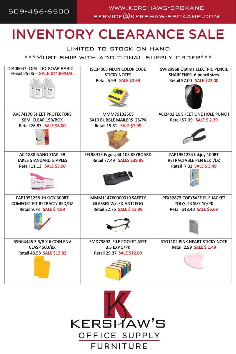 These 15 items are on sale as we look to clear out inventory. These items are on sale while supplies last, and the clearance items must ship with an additional supply order! Head to our shopping site and search for the item number, or call us to order. shop.kershaws-spokane.com