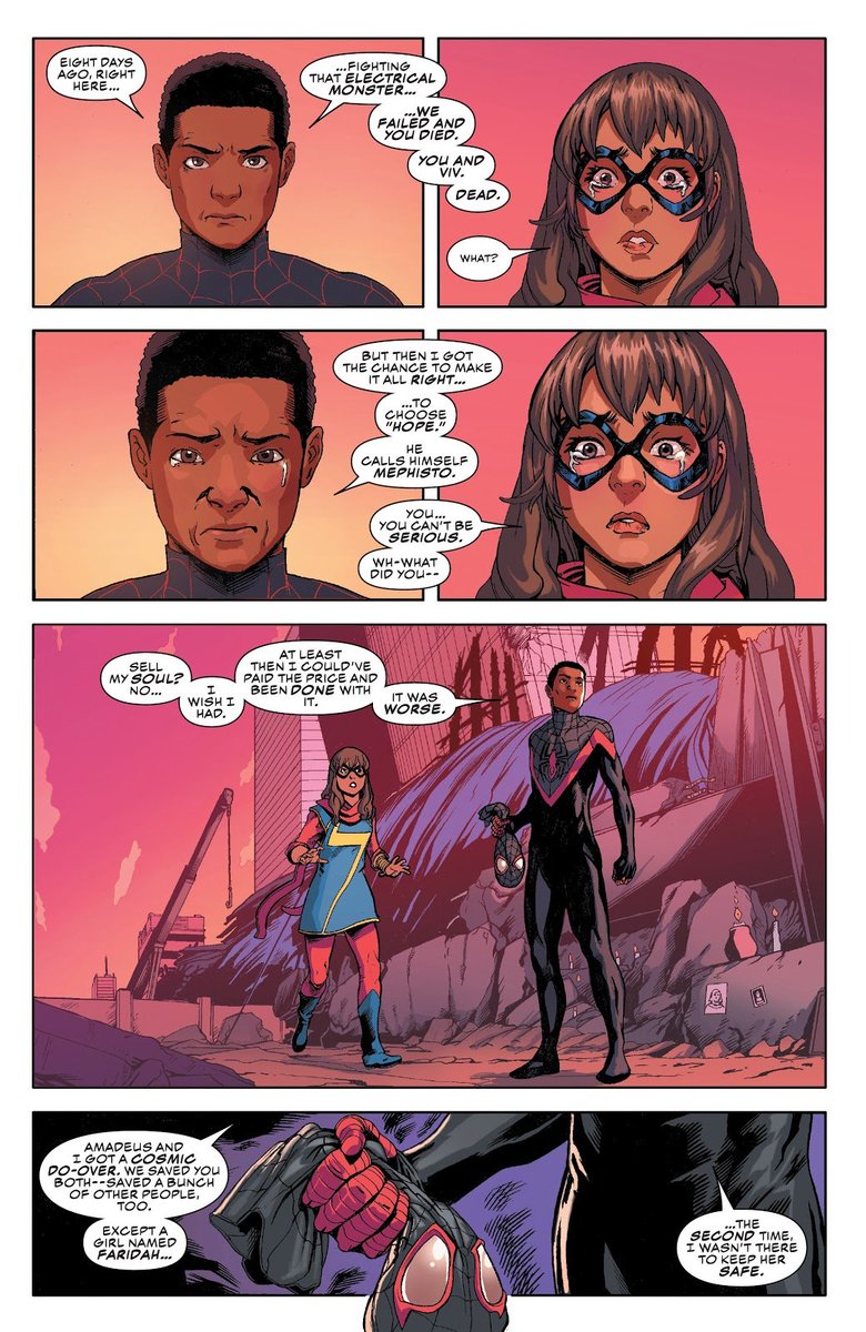 friendly reminder that Miles Morales quite literally made a deal with the devil to bring Kamala Khan back to life when she died the first time