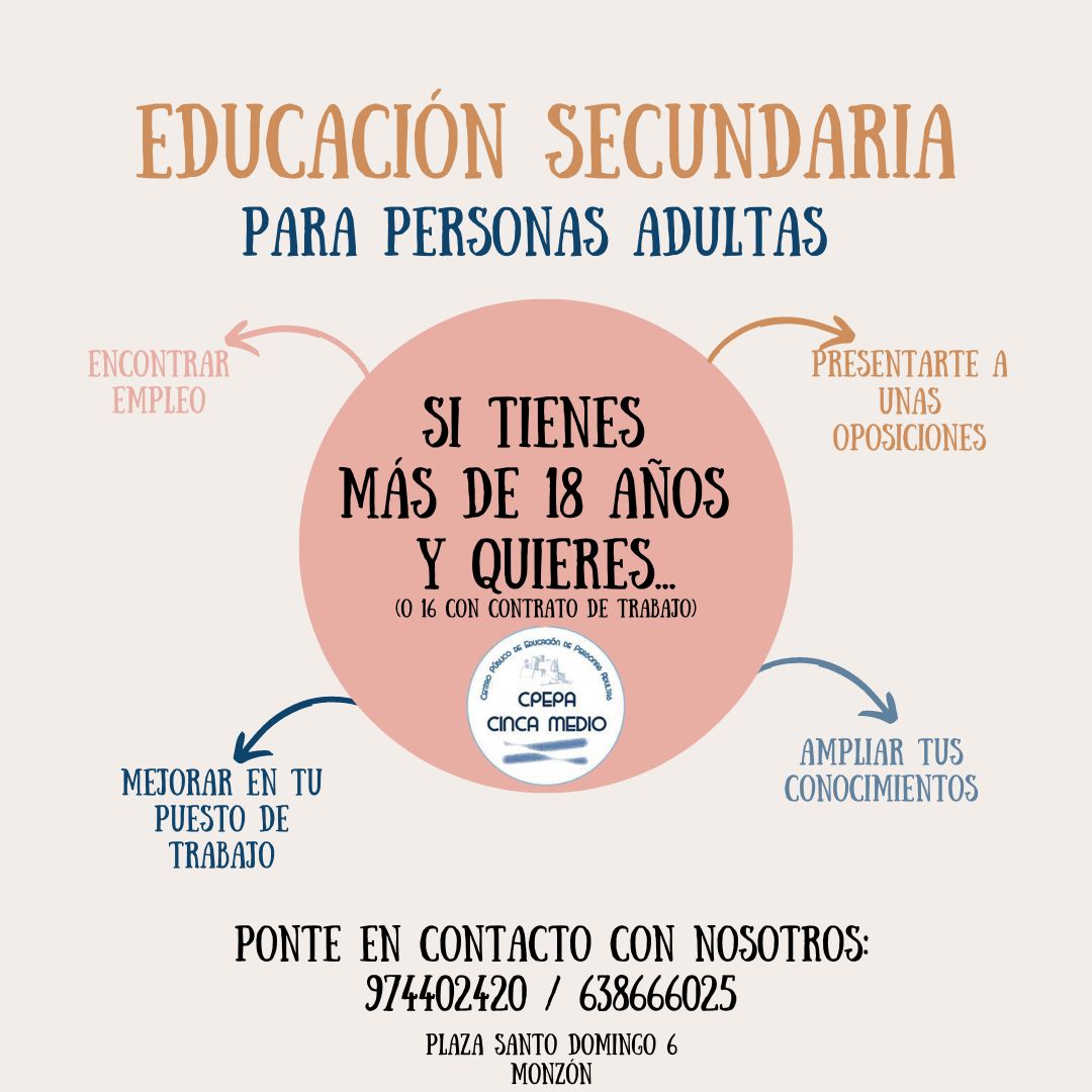 Mañana comienza el plazo de presentación de solicitudes para cursar Educación Secundaria Obligatoria en nuestro centro. INFÓRMATE. #educacionsecundariaadultos #educacionalolargodelavida #educacionadultosmonzon #epaaragon