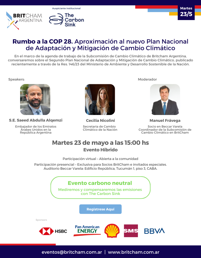 BritCham Argentina (@britchamarg) on Twitter photo 📢Los invitamos al evento “Rumbo a la COP 28. Aproximación al nuevo Plan Nacional de Adaptación y Mitigación de Cambio Climático”
Speakers: S.E Saeed Abdulla Alqemzi y <a href="/cecilianicolini/">Cecilia Nicolini 💚</a>
🗓️ 23 de mayo - 15 hs
🖥️ Virtual
👉🏼 Regístrate: bit.ly/3BzuqRV
#CambioClimático 📢Los invitamos al evento “Rumbo a la COP 28. Aproximación al nuevo Plan Nacional de Adaptación y Mitigación de Cambio Climático”
Speakers: S.E Saeed Abdulla Alqemzi y <a href="/cecilianicolini/">Cecilia Nicolini 💚</a>
🗓️ 23 de mayo - 15 hs
🖥️ Virtual
👉🏼 Regístrate: bit.ly/3BzuqRV
#CambioClimático