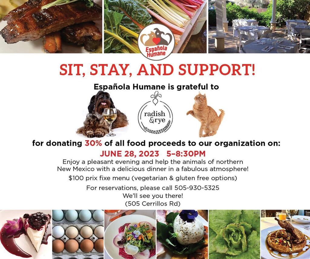 Enjoy a night out at Radish &amp; Rye and support our little shelter at the same time! All details in the ad 🐾🐾

#espanolahumane #radishandrye #finedining #eatgoodfood #treatyoself #goodcause #nightout #howtosantafe #santafe #simplysantafe #landofenchant… instagr.am/p/CsWk7SXPhQ4/