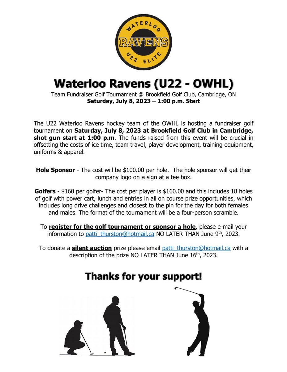 Just because we had so much FUN last year, we are doing another round!!!
Join us on Saturday, July 8th at Brookfield Golf Club in Cambridge for a 1:00 start.
Hole Sponsor - The cost will be $100.00 per hole. The hole sponsor will get their
company logo on a sign at a tee box.
1/3