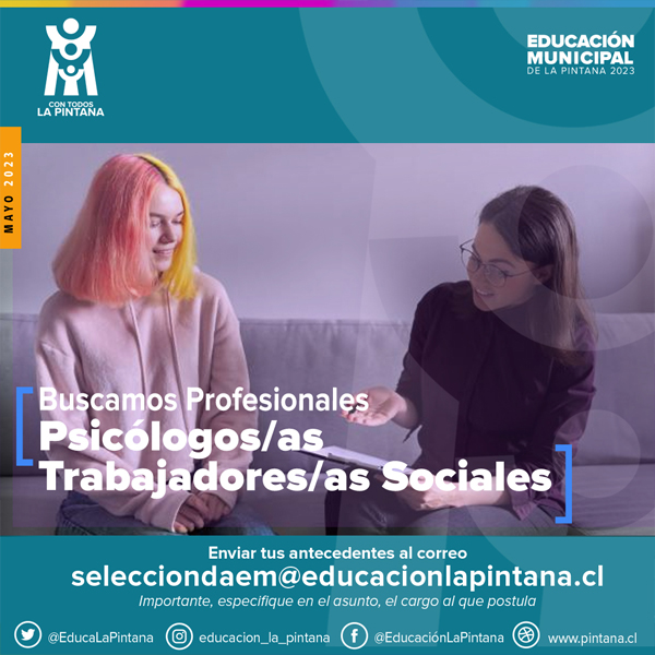 EducaLaPintana's tweet photo. SE REQUIEREN PROFESIONALES
Buscamos contratar a Psicólogos/as, y Trabajadores/as Sociales; con experiencia en el Área Comunitaria y Reinserción Educativa.
Las o los postulantes, enviar sus antecedentes al correo selecciondaem@educacionlapintana.cl https://t.co/irInZqgV61