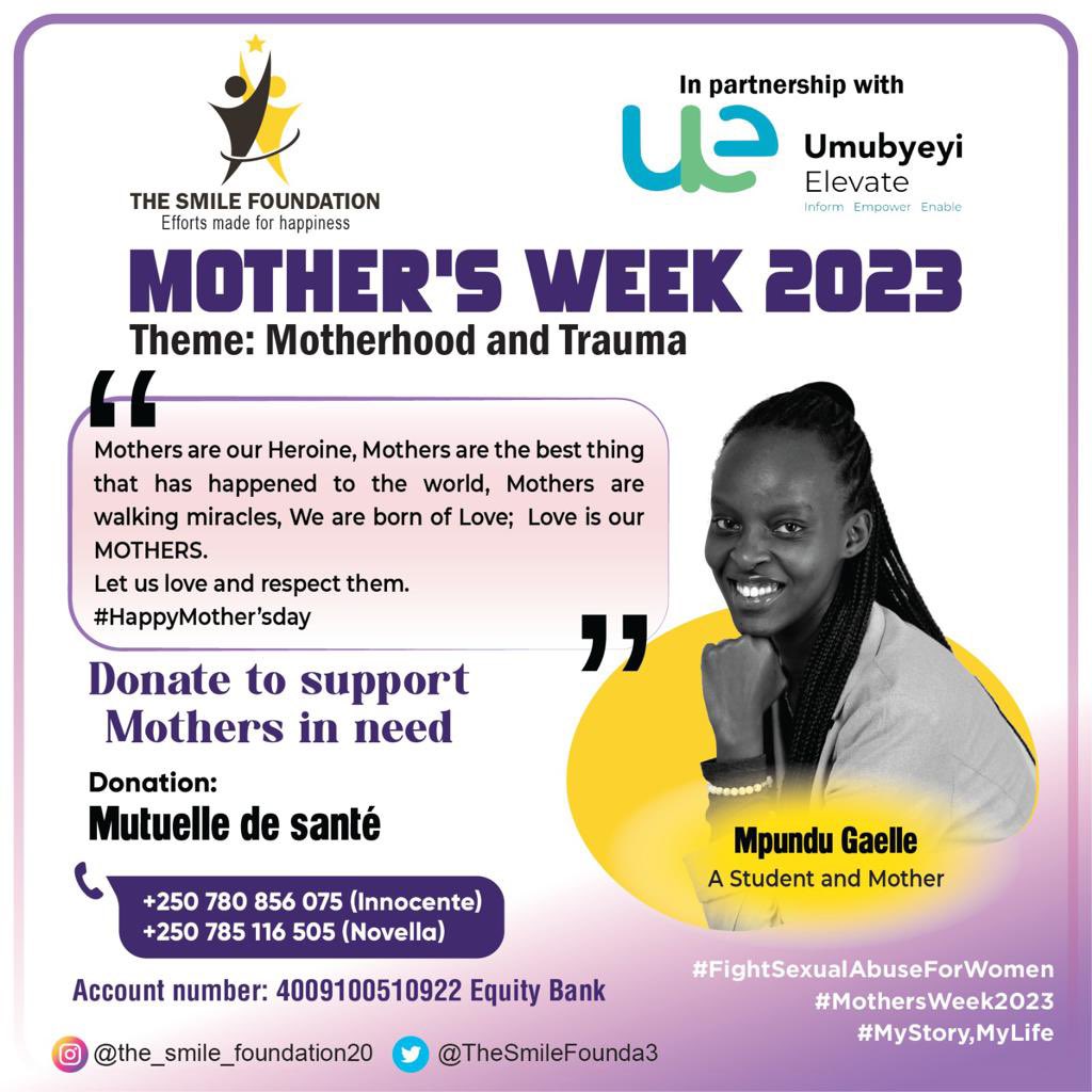 TheSmileFounda3's tweet photo. Message @Gaelle_mp #MothersWeek2023 Mothers are Walking Miracles. Let us love them and respect them #MothersDay2023 #MyStoryMyLife #FightSexualAbuseForWomen https://t.co/qxdexAO2rz