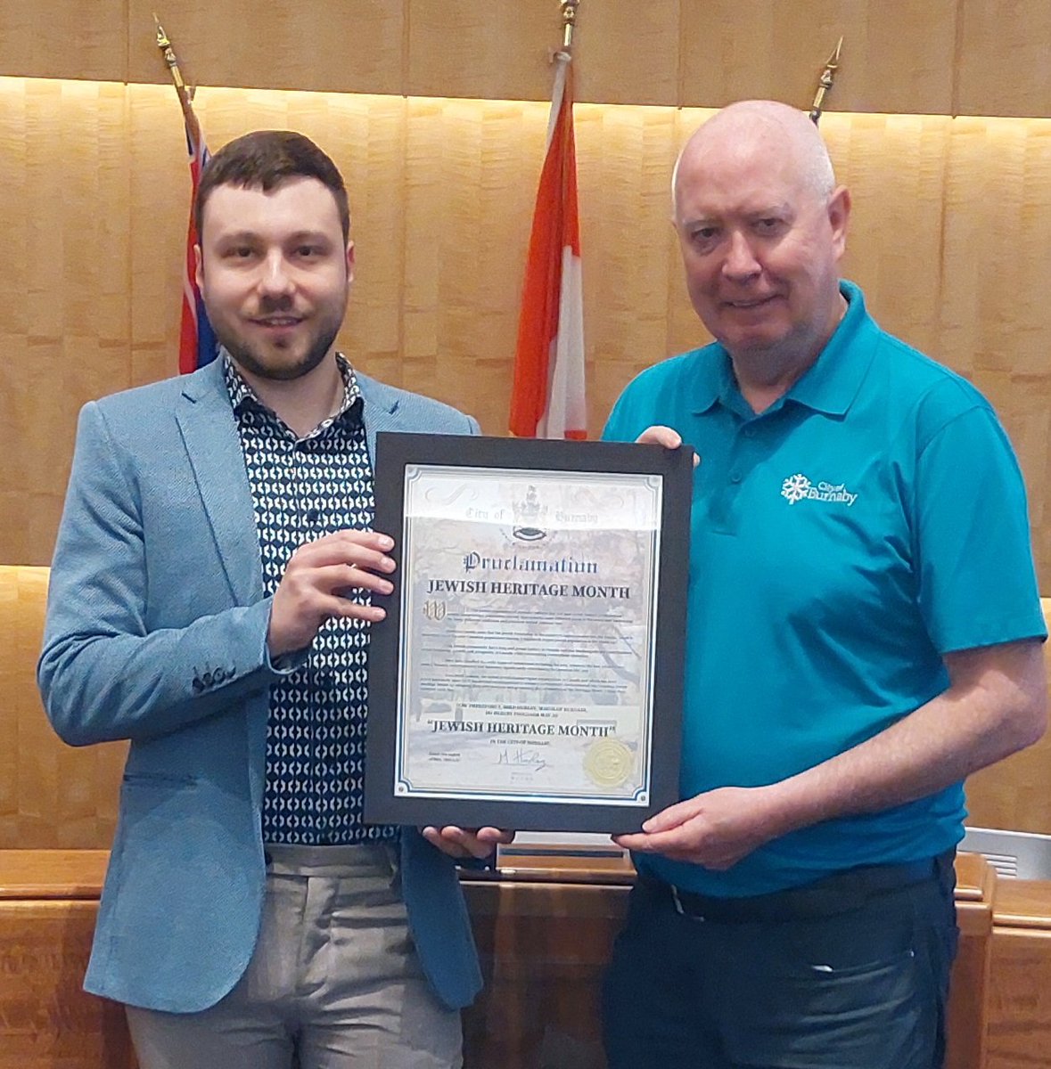 It was a pleasure to meet with @CityofBurnaby Mayor Mike Hurley @MayorofBurnaby on behalf of @bnaibrithcanada. Thank you for proclaiming May 2023 as #JewishHeritageMonth in the City of Burnaby!