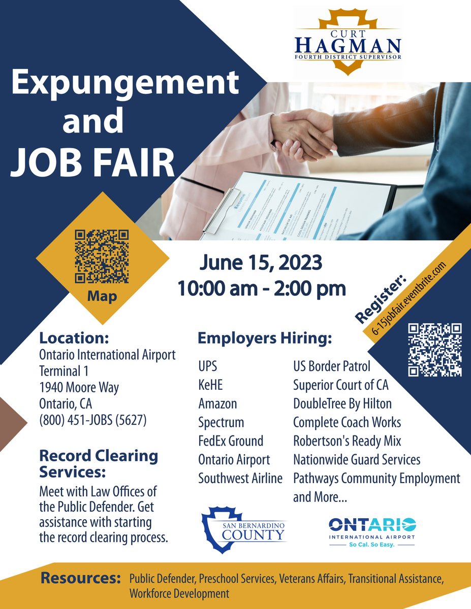 #hiring + #expungement event at ONT1 with our partners at #sbcpubdef o June 15 at 10am.
Register now, show up and bring plenty of resume copies! 
#wkdev #sanbernardinocounty #flyONT