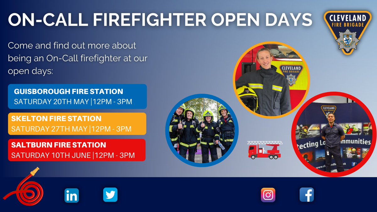 ClevelandFB's tweet photo. Do you have what it takes to be an On-Call Firefighter? 👨‍🚒
Find out by coming along to one of our Open Days:

🚒Guisborough Fire Station | Sat 20th May | 12 noon – 3pm
🔥Skelton Fire Station | Sat 27th May | 12 noon – 3pm
🧯Saltburn Fire Station | Sat 10th June | 12 noon– 3 pm https://t.co/7xQ3QUBp39