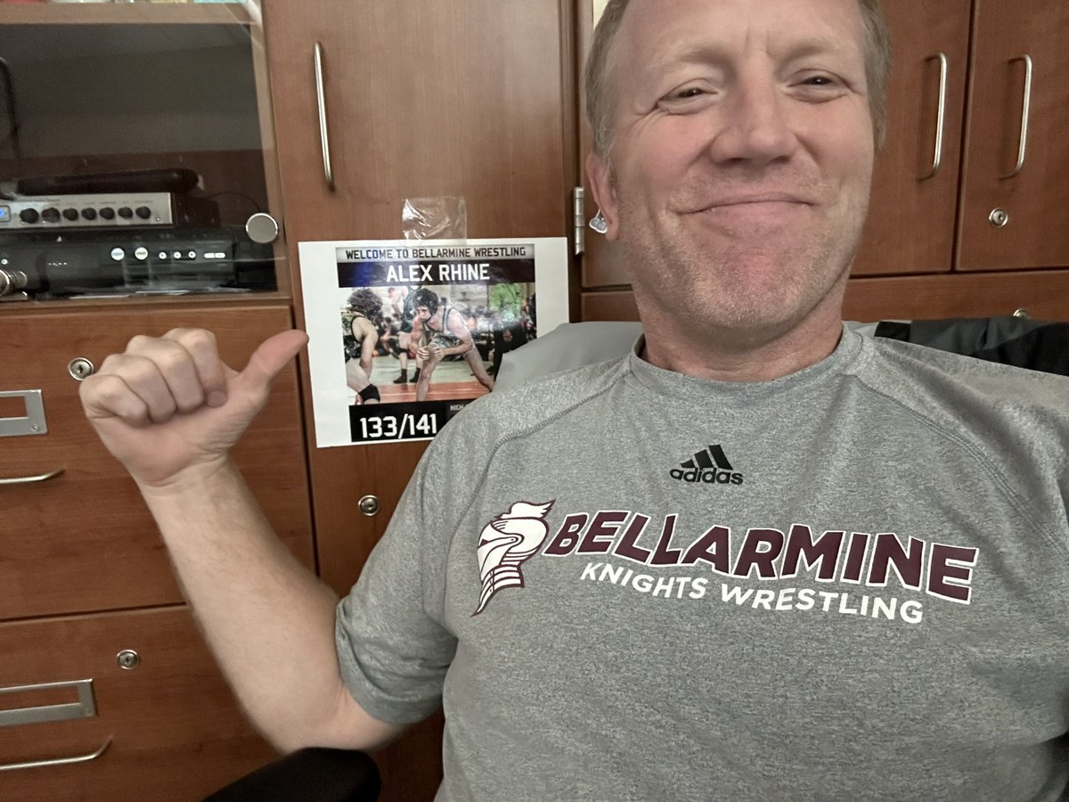 BradyHiatt7's tweet photo. Day 16 — Today’s shirt is for 2017 State Champ @Rhine_4 &amp; @BUKnightsWre.   

Always a good time when Alex is around for comedic relief.    

Crazy what Bellarmine had to endure to make the jump to DI — a 4 yr post season ban.  Insane. 

#ProudCoach

#WrestlingShirtADayInMay https://t.co/4WsVxajSsg