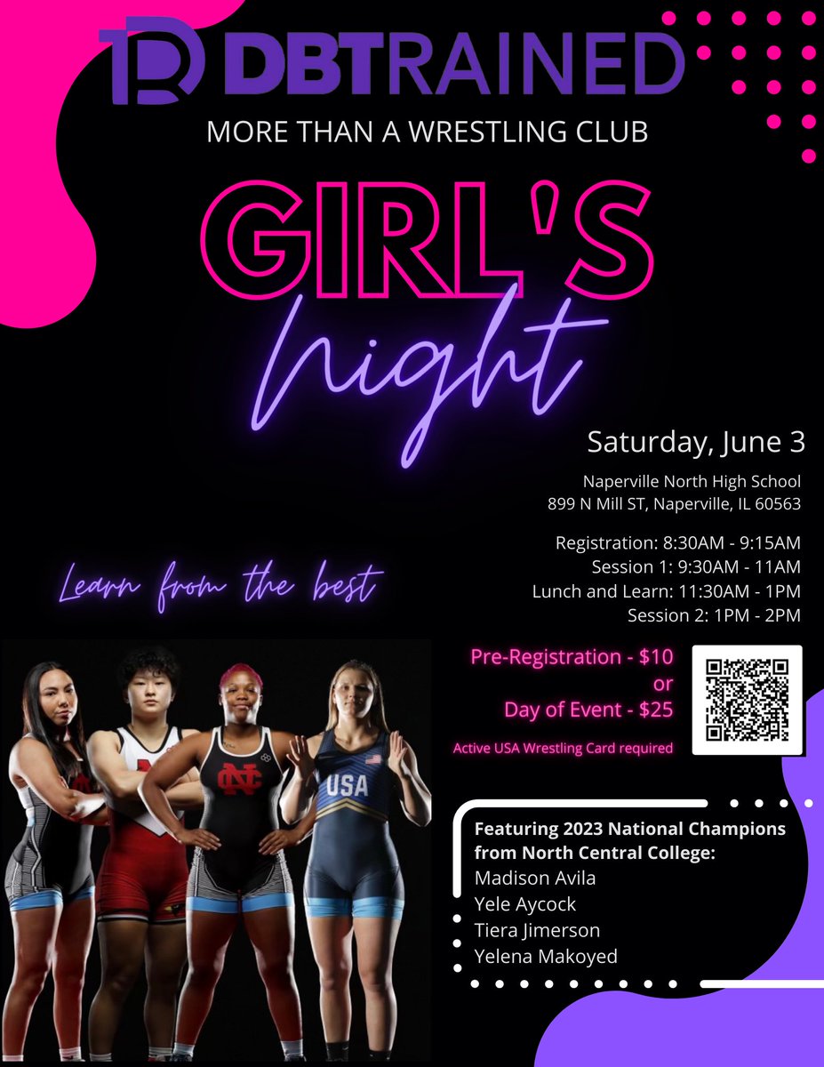 June 3rd @dbtrained is hosting our Q2 More Than a Wrestling Club event at @wrestlennhs featuring @nccwomenswr‼️ There will be 2 wrestling sessions, a lunch and learn hosted by professional women from various Fortune 500 companies, and a panel on career exposure and networking‼️