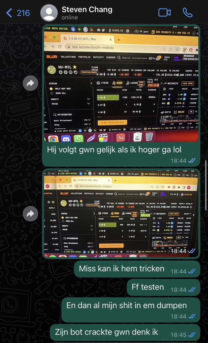 Noticed someones bot malfunctioning on blur because they kept following my bids even if they were above floor. So I tried tricking him by placing a bid .3 above floor and it worked 😂

That whale just got dumped 500 ETH worth of HV-MTL 💀

Gonna reaccumulate  lower now again 🫡
